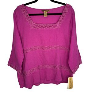 VTG Notations Fuchsia Crochet Trim 3/4 Sleeve 100% Cotton Top Peasant Boho XL